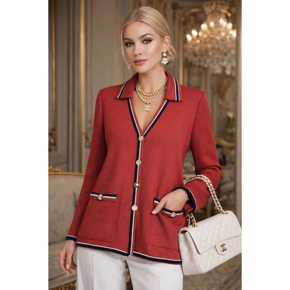 St. John Santana Knit Jacket Size 6 Old Money Removable Collar Preppy Luxury